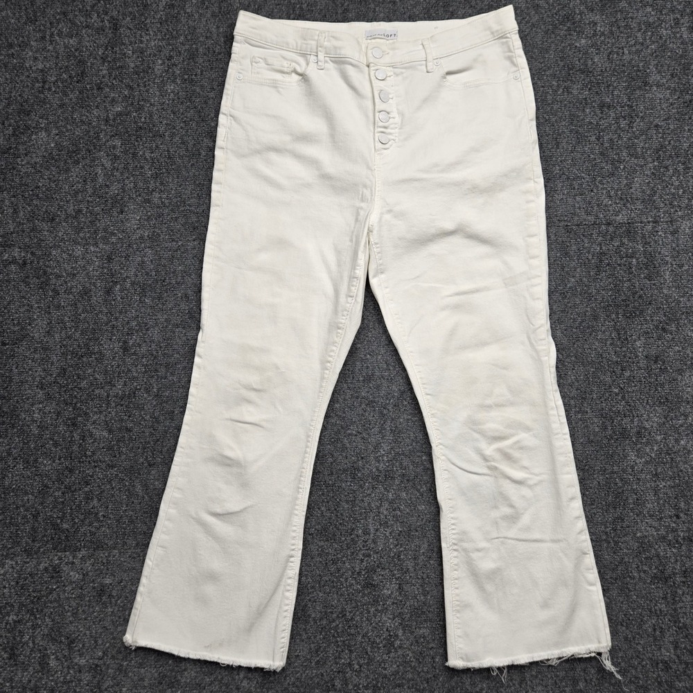 LOFT The Kick Crop Jeans White Button Fly Raw Hem Size 32 14 High Rise Pants